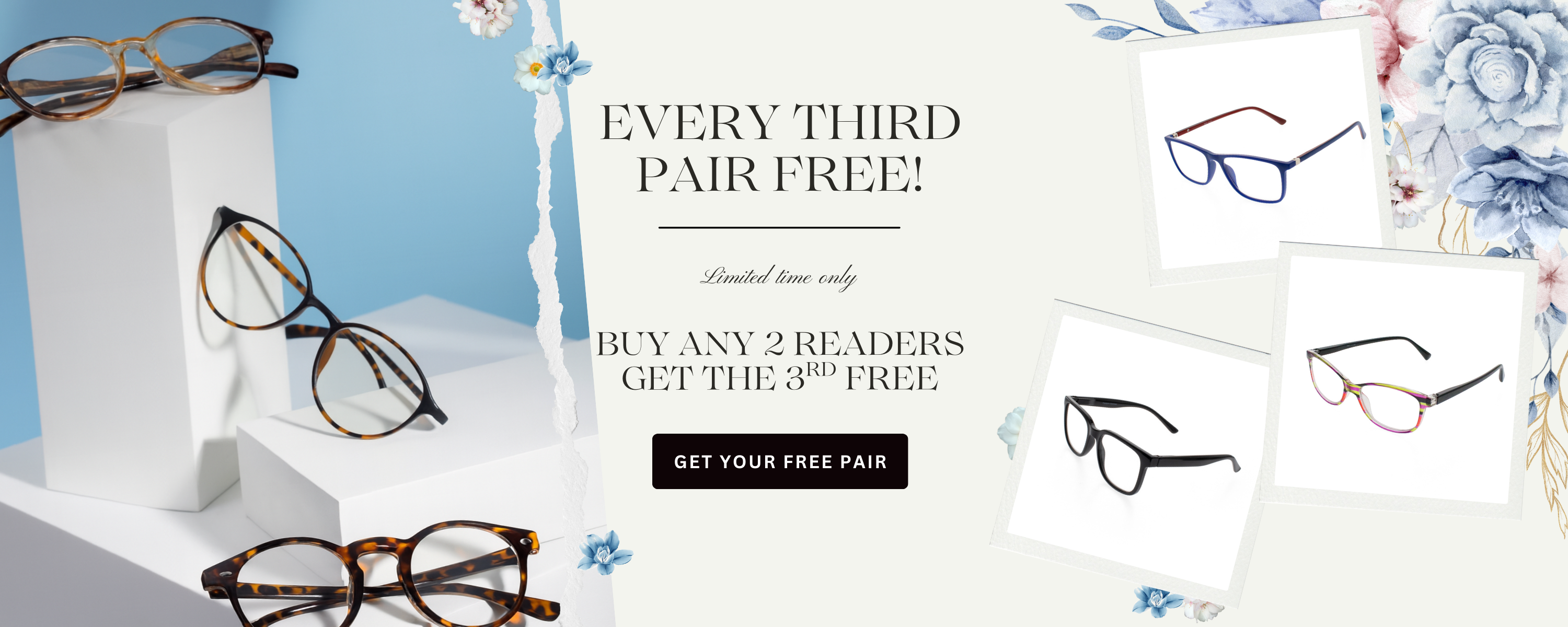 Promotional banner for eyeglasses with a free pair offer.